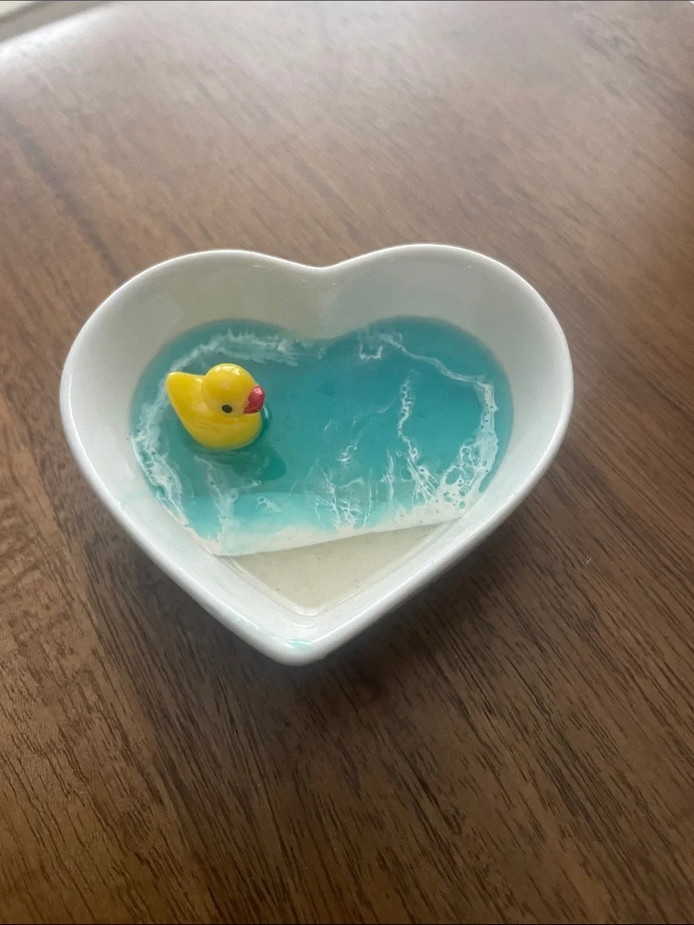 Heart Shaped Trinket Dish with Blue Ocean Resin and Yellow Duck